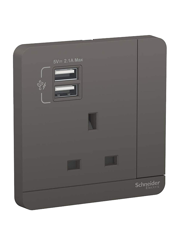 Schneider Electric 3P 13A 250V AvatarOn Switched Socket with 2 USB Charger, Dark Grey