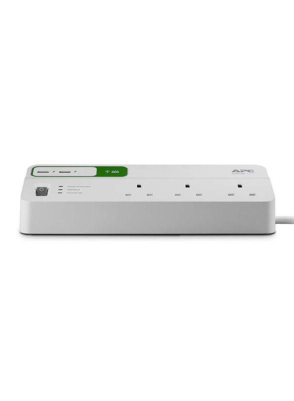 APC Essential Surge Arrest 6 Outlets with 5V 2.4A 2 Port USB Charger, 230V UK, PM6U-UK, White