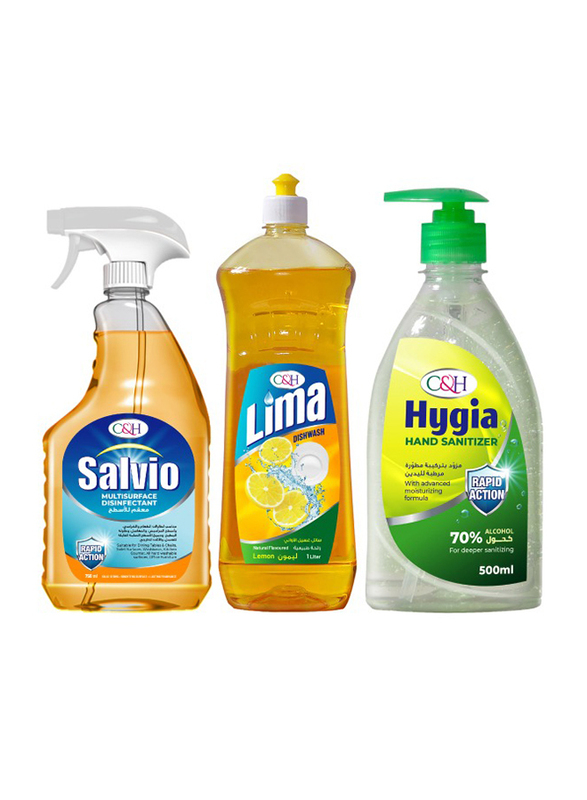 C&H 3-Piece Home Cleaning Set, Salvio Multisurface Disinfectant Liquid 750ml + Lima Lemon Dishwash Liquid 1L + Hygia Hand Sanitizer 500ml