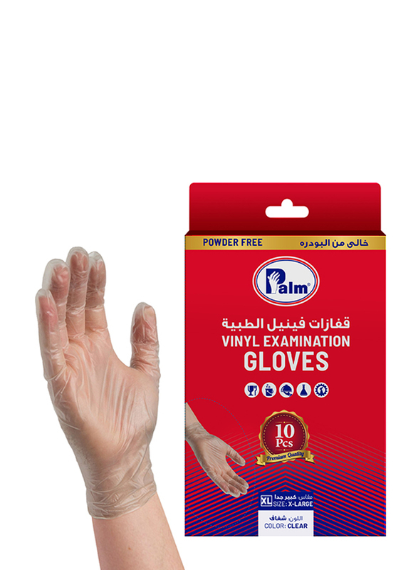 Palm Disposable Vinyl Powder Free Gloves, XL, 10 Piece, Clear