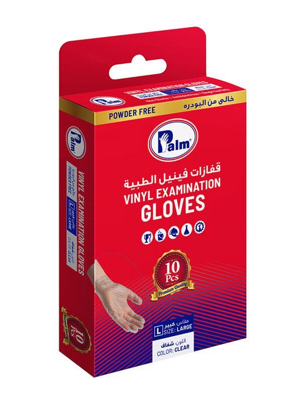 

Palm Disposable Vinyl Powder Free Gloves, Large, 10 Piece, Clear