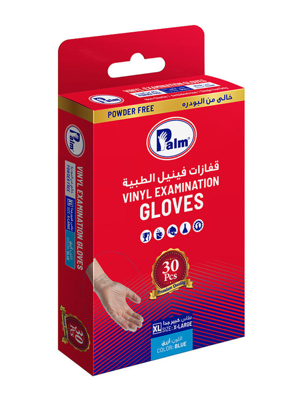 Palm Disposable Vinyl Powder Free Gloves, XL, 30 Piece, Blue