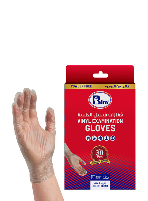 Palm Disposable Vinyl Powder Free Gloves, Large, 30 Piece, Clear