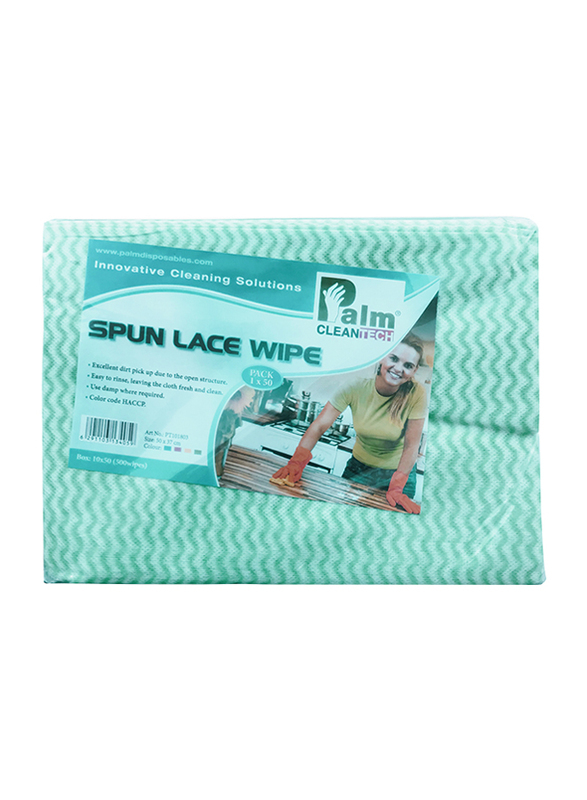 Palm Clean Tech Spun Lace Wipe Sheets, 50 x 37cm, 50 Sheets, Green