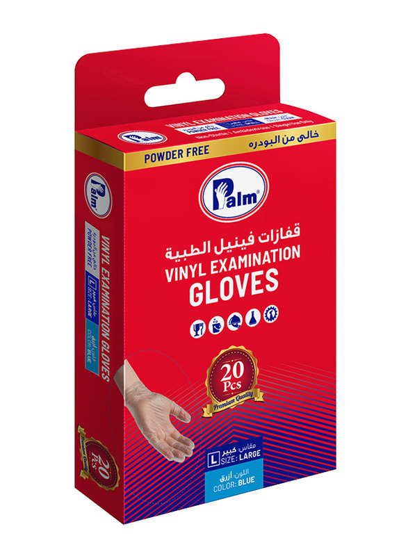 Palm Disposable Vinyl Powder Free Gloves, Large, 20 Piece, Blue