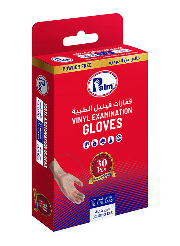 Palm Disposable Vinyl Powder Free Gloves, Large, 30 Piece, Clear