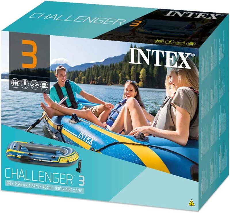 Intex Challenger 3 Inflatable Boat Set with Oars & Inflator, Multicolour