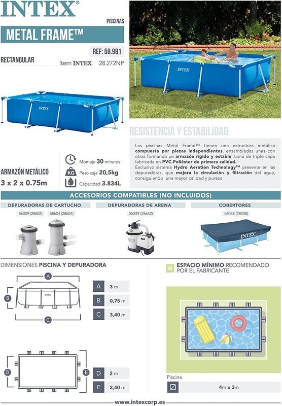 Intex Metal Frame Rectangular Pool, 28272, 3 x 2m, Blue