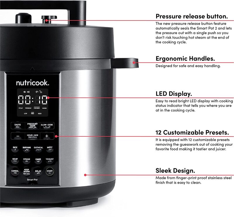 Nutri Cook 6L 9-in-1 Electric Pressure Cooker, 1000W, Silver
