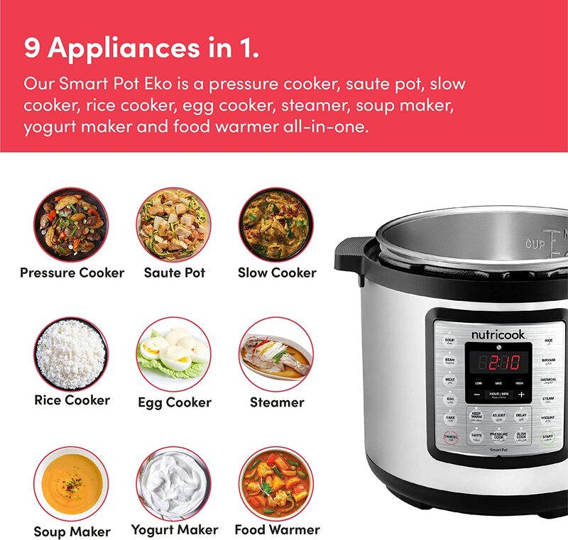 Nutri Cook 6L 9-in-1 Instant Programmable Electric Rice Cooker, 1000W, Silver/Black