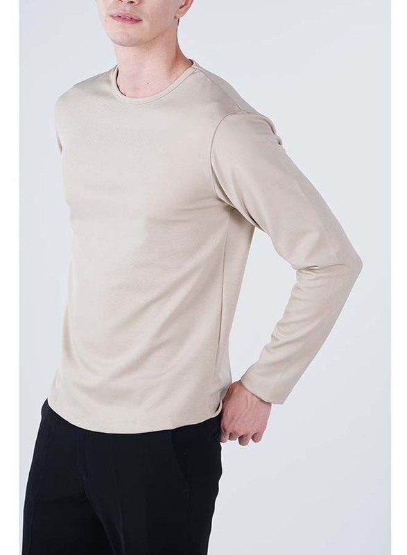 GENRLS Classic Curve Hem Tee Long Sleeve T-Shirt for Men, Medium, Light Beige