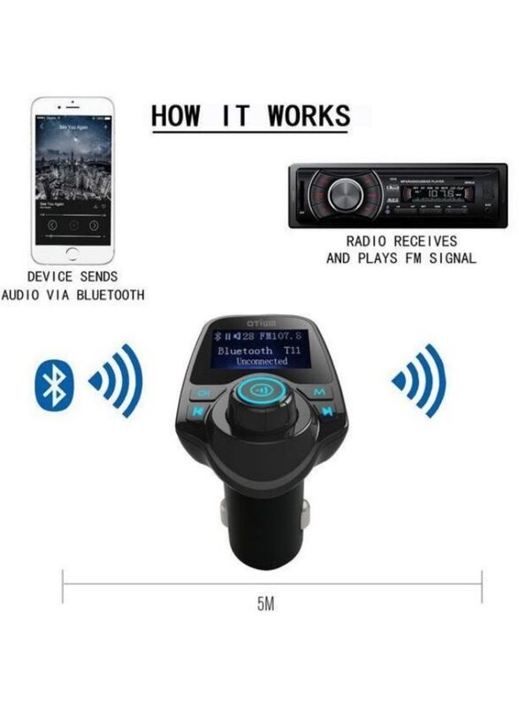 Bluetooth Wireless FM Transmitter Triple Port Car Charger with Type-A to USB Type-C Cable, Black