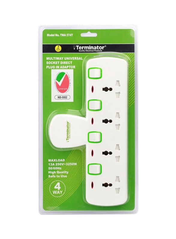 

Terminator 4 Sockets Universal Power UK Plug Extension Socket, 4-Meter Cable with 13A Plug and Esma Approved, Off White