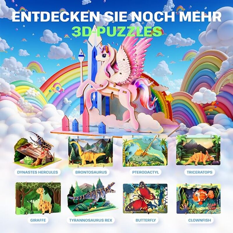 ESC WELT Unicorn - Unicorn 3D Puzzle - DIY Wooden Animal Puzzle - 3D Puzzle for Children - Children's Wooden Craft Set - Brain Teaser Wooden Puzzle