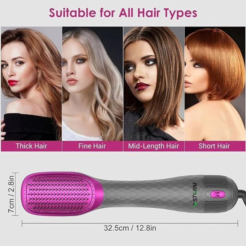 GStorm - 3 in 1 Hair Dryer Brush Straightener Brush Professional 1000W Powerful Ceramic Tourmaline Ionic Hot Air Brush One Step Hair Dryer and Styler for All Hair Types, Rose, 33 * 7 * 5 cm