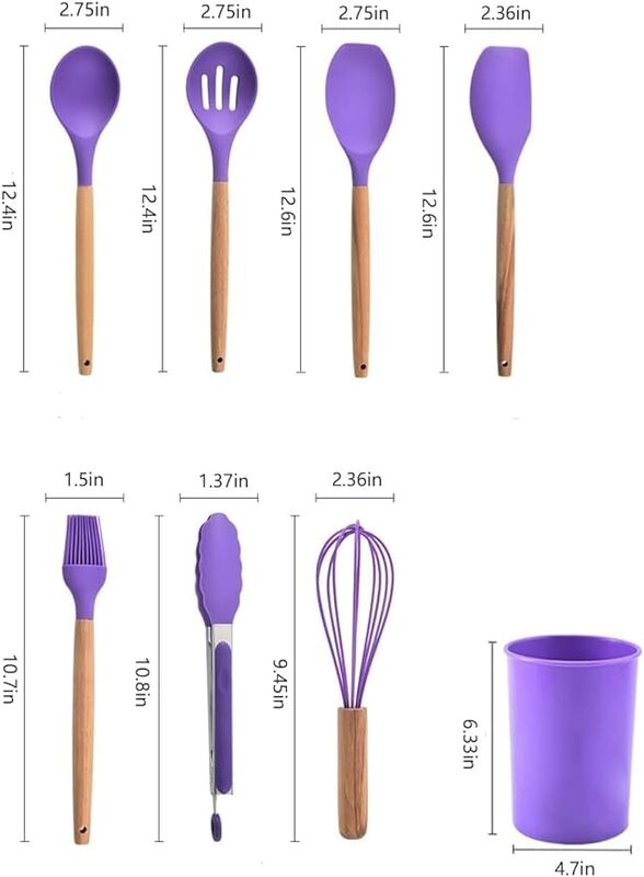 GStorm 12 Pcs Silicon Cooking Kitchen Utensils Set, Best heat Resistant with Wooden Handles Cooking Tool BPA Free Non-Toxic (Purple)