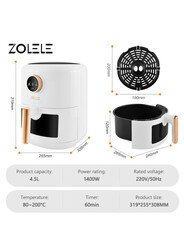 Zolele ZA004 مقلاة هوائية كهربائية سعة 4.5 لتر طلاء غير لاصق مقبض سلة مقلي للتحكم في درجة الحرارة وعاء سحب تلقائي إيقاف التشغيل - أبيض