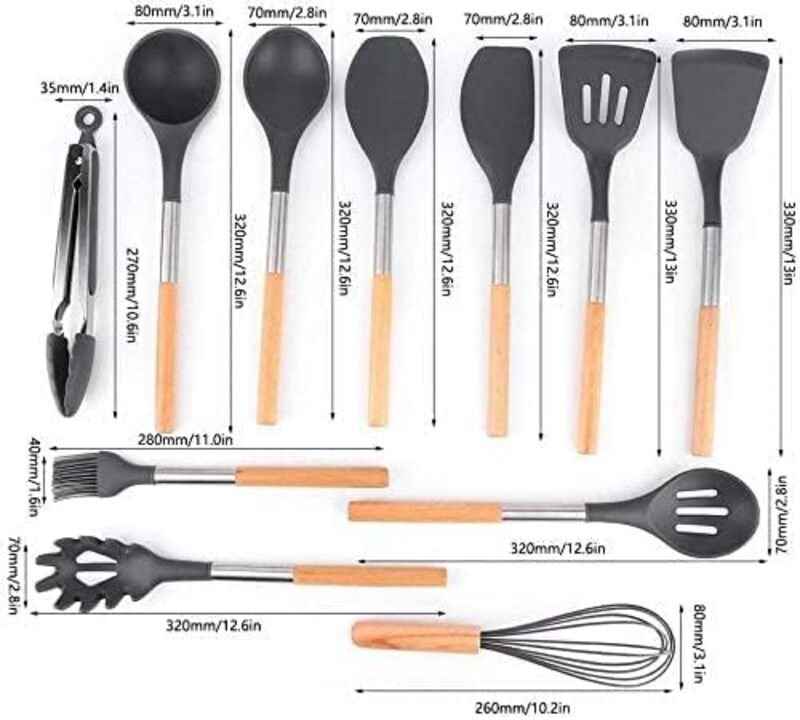 GStorm 12 Pcs Silicon Cooking Kitchen Utensils Set, Best heat Resistant with Wooden Handles Cooking Tool BPA Free Non-Toxic (Grey)