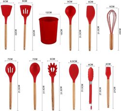 GStorm 12 Pcs Silicon Cooking Kitchen Utensils Set, Best heat Resistant with Wooden Handles Cooking Tool BPA Free Non-Toxic (Red)
