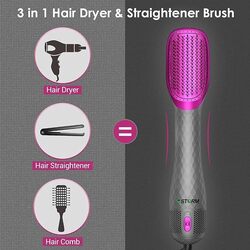 GStorm - 3 in 1 Hair Dryer Brush Straightener Brush Professional 1000W Powerful Ceramic Tourmaline Ionic Hot Air Brush One Step Hair Dryer and Styler for All Hair Types, Rose, 33 * 7 * 5 cm