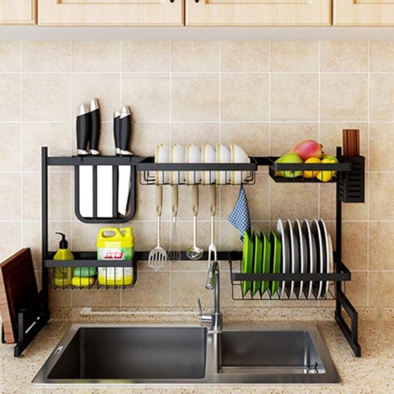 GStorm Over The Sink Stainless Steel Dish Rack Dish Drainer Drying Dryer Rack Holder With Draining Board Chopsticks Holder For Kitchenware 85cm - Black