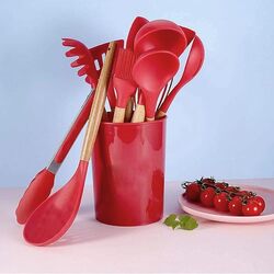 GStorm 12 Pcs Silicon Cooking Kitchen Utensils Set, Best heat Resistant with Wooden Handles Cooking Tool BPA Free Non-Toxic (Red)