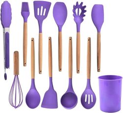 GStorm 12 Pcs Silicon Cooking Kitchen Utensils Set, Best heat Resistant with Wooden Handles Cooking Tool BPA Free Non-Toxic (Purple)
