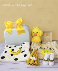 Rompers & Duck Dolls Cute Suitcase with Smiley theme Baby Gift Set, 9 Pieces, Newborn, Multicolour