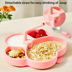 Baby Suction Plates Combo with Silicone Bib, Straw, Spoon and Fork, Divided Portions, Pink
