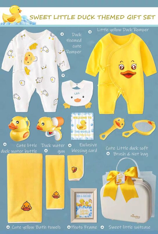 14-in-1 Duck theme Rompers and Water Toys in Cute Suitcase in Giftset for Babies, Multicolour