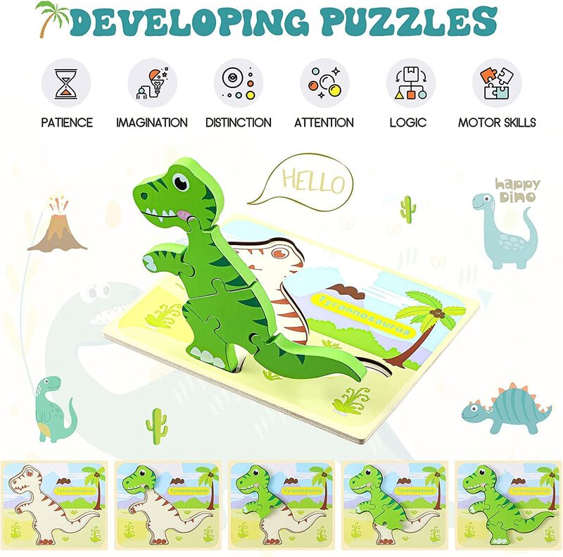 6-Piece Dinosaur Wooden Puzzle, Multicolour