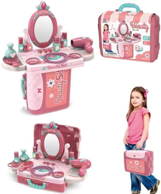 3 in 1 Pretend Beauty Dresser Vanity Makeup Play Set Pretend Playset in Suitcase for Girls