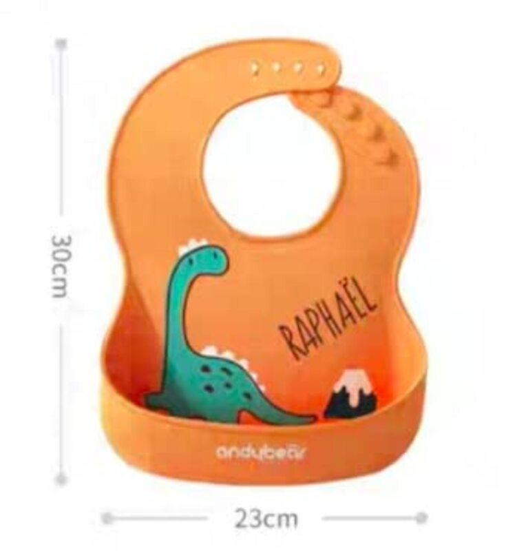 Dino Design 3D Silicone Baby Feeding Bibs with Wide Food Catcher Pocket, Orange