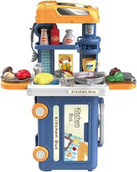 3 in 1 Kitchen Playset with 32 Pcs in Bus Theme - Kitchen Playset Pretend Food for Toddlers Kids, Toy Accessories for Boys and Girls - Blue