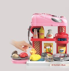 3 in 1 Kitchen Playset with 32 Pcs in Bus Theme - Kitchen Playset Pretend Food for Toddlers Kids, Toy Accessories for Boys and Girls