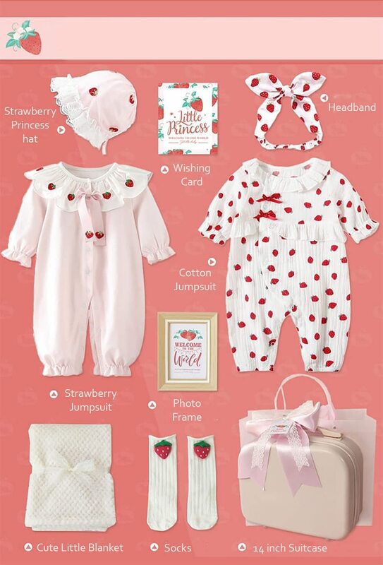 New Born Baby Strawberry Theme Clothing Gift Set for Baby Girls, 9 Pieces, 0-3 Months, Pink