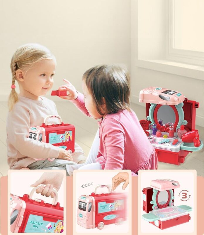 3 in 1 Beauty Playset Beauty Salon Toy Kit Pretend Play Dress Up Fashion Accessories for Girls in Bus Theme