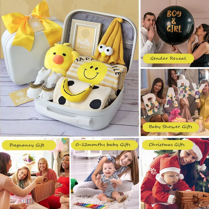 Rompers & Duck Dolls Cute Suitcase with Smiley theme Baby Gift Set, 9 Pieces, Newborn, Multicolour