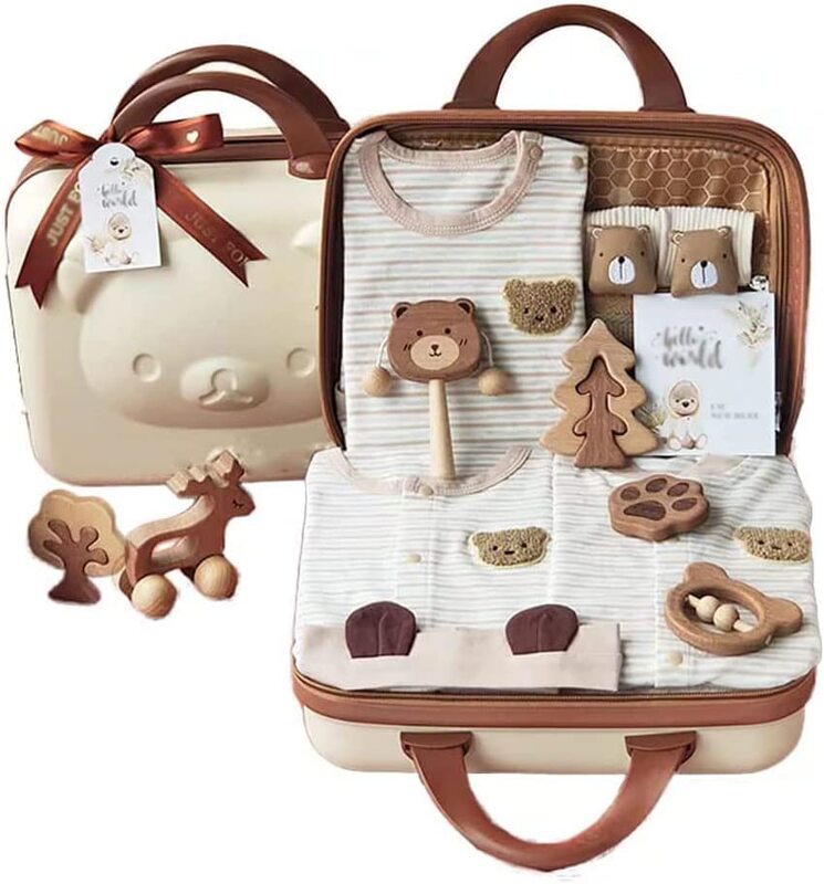 Rompers & little Toys Cute Suitcase with Bear Theme Baby Gift Set, Newborn, Multicolour