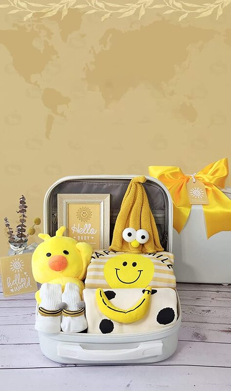Rompers & Duck Dolls Cute Suitcase with Smiley theme Baby Gift Set, 9 Pieces, Newborn, Multicolour
