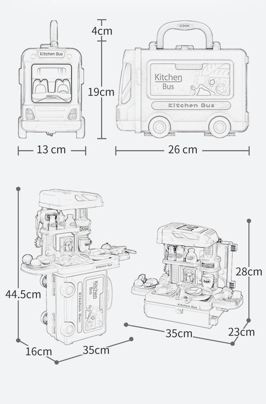 3 in 1 Kitchen Playset with 32 Pcs in Bus Theme - Kitchen Playset Pretend Food for Toddlers Kids, Toy Accessories for Boys and Girls - Blue