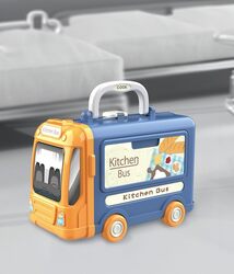 3 in 1 Kitchen Playset with 32 Pcs in Bus Theme - Kitchen Playset Pretend Food for Toddlers Kids, Toy Accessories for Boys and Girls - Blue