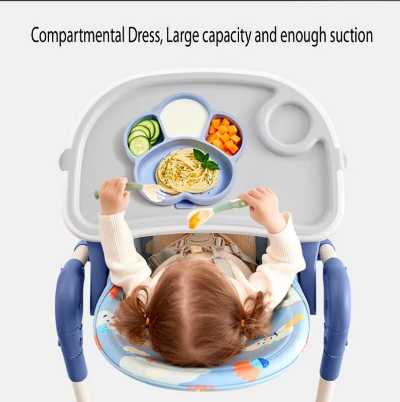 Baby Suction Plates Combo with Silicone Bib, Straw, Spoon and Fork, Divided Portions, Blue