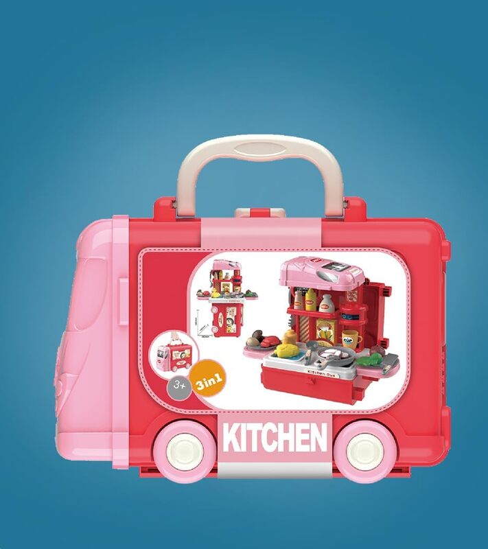 3 in 1 Kitchen Playset with 32 Pcs in Bus Theme - Kitchen Playset Pretend Food for Toddlers Kids, Toy Accessories for Boys and Girls