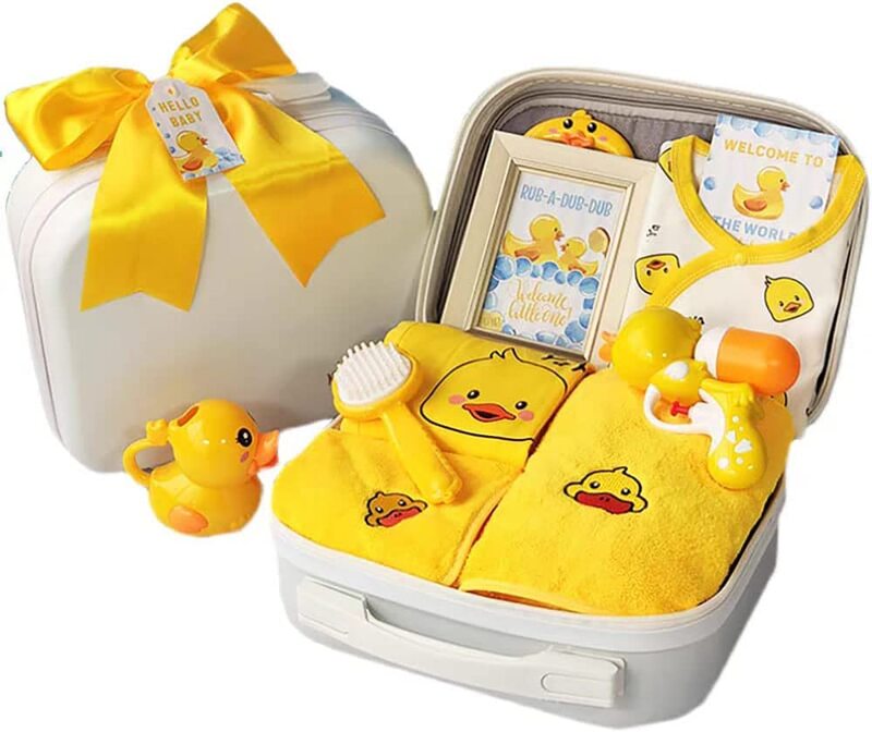 Rompers & little Toys Cute Suitcase with Duck Theme Baby Gift Set, Newborn, Yellow/White