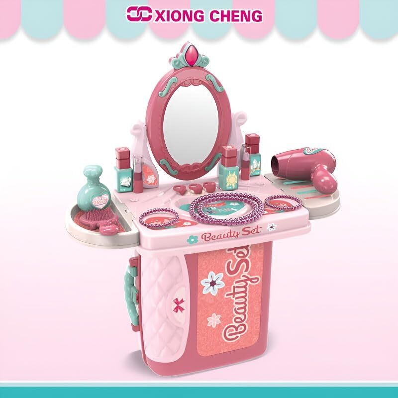 3 in 1 Pretend Beauty Dresser Vanity Makeup Play Set Pretend Playset in Suitcase for Girls