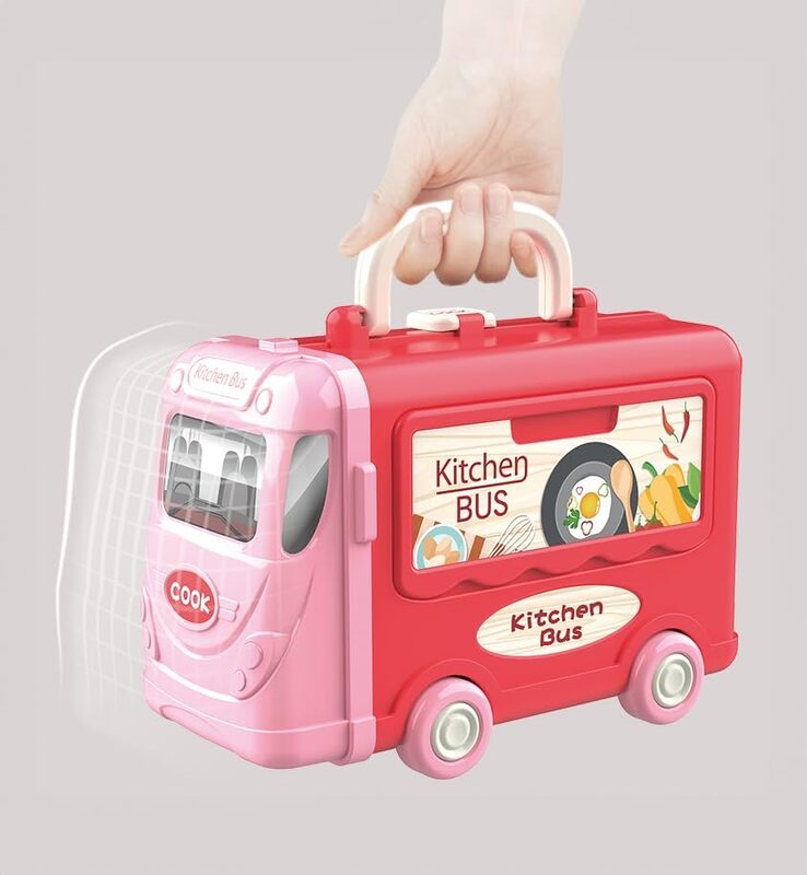 3 in 1 Kitchen Playset with 32 Pcs in Bus Theme - Kitchen Playset Pretend Food for Toddlers Kids, Toy Accessories for Boys and Girls