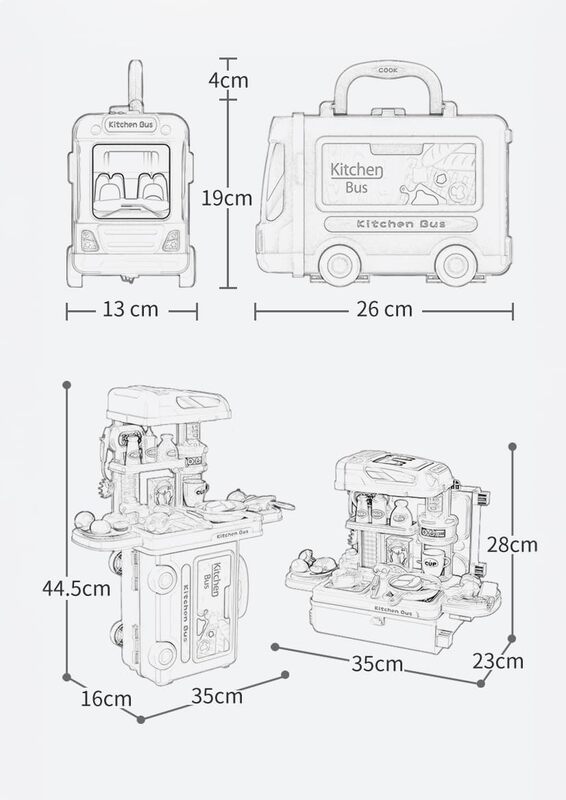 3 in 1 Kitchen Playset with 32 Pcs in Bus Theme - Kitchen Playset Pretend Food for Toddlers Kids, Toy Accessories for Boys and Girls