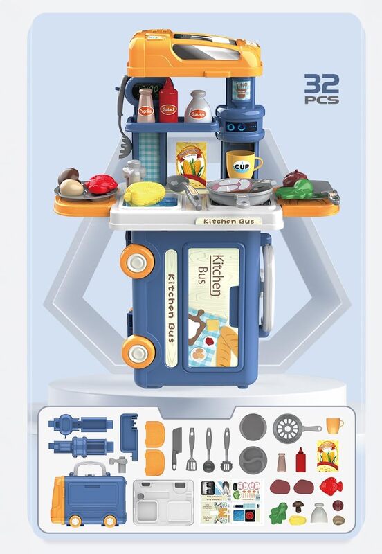 3 in 1 Kitchen Playset with 32 Pcs in Bus Theme - Kitchen Playset Pretend Food for Toddlers Kids, Toy Accessories for Boys and Girls - Blue