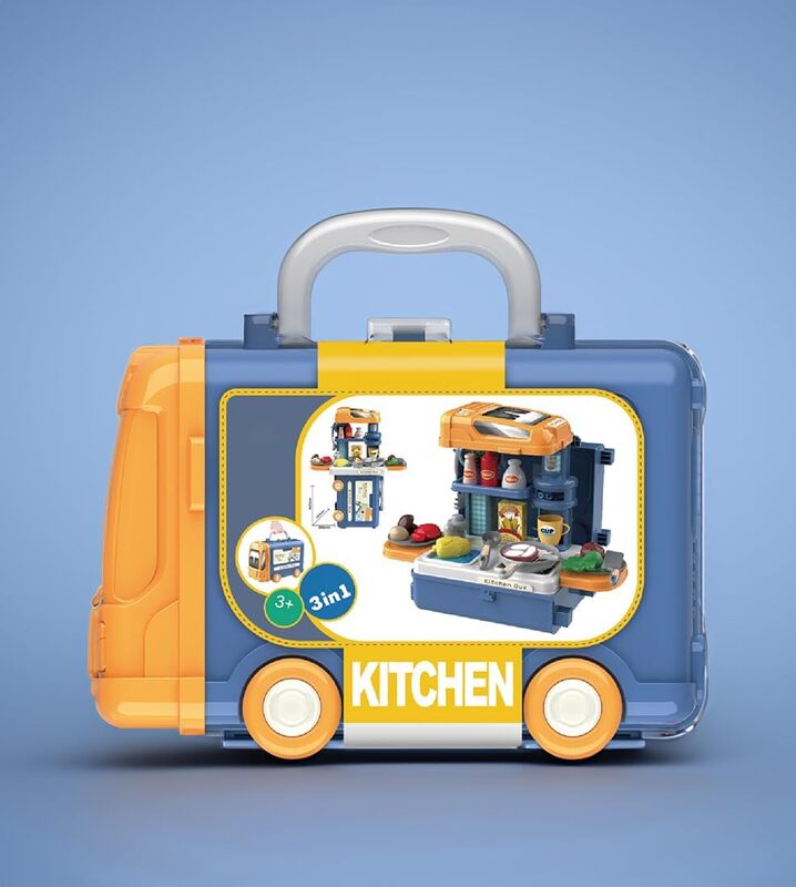 3 in 1 Kitchen Playset with 32 Pcs in Bus Theme - Kitchen Playset Pretend Food for Toddlers Kids, Toy Accessories for Boys and Girls - Blue